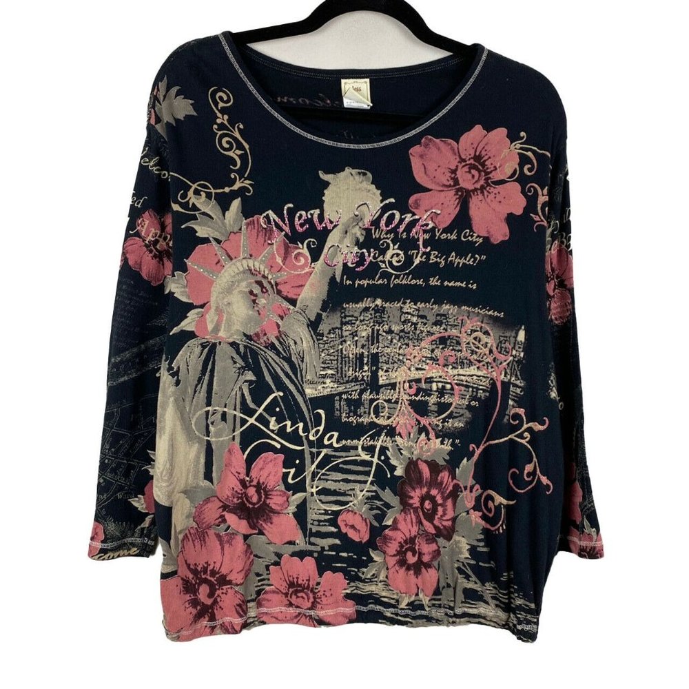 Jess & Jane USA New York Top 3/4 Sleeve T Shirt Size Large Statue of Liberty